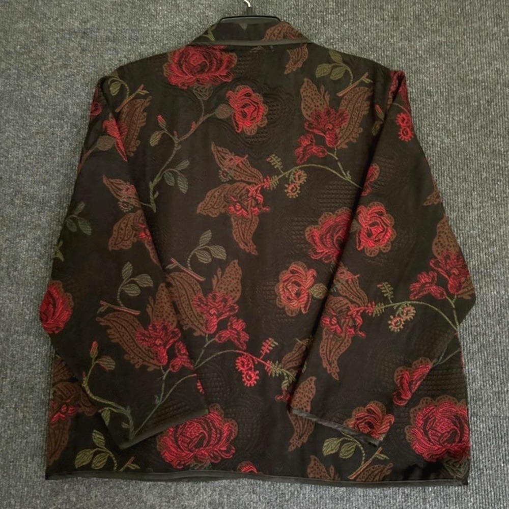 Vintage Bonworth Black Floral Tapestry Jacket Woven Red Rose Pattern M Petite - Picture 3 of 11
